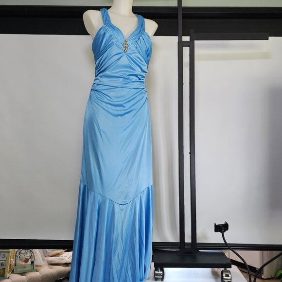 Masquerade Ice Blue Gown – Rhinestone Halter, Ruched Satin, Sheer Mermaid Hem - Picture 2 of 4